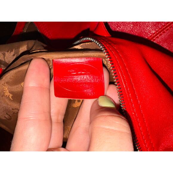 LONGCHAMP Leather Tote Le Pliage Vibrant Red Long Handles Shoulder Bag FRANCE - Picture 6 of 14